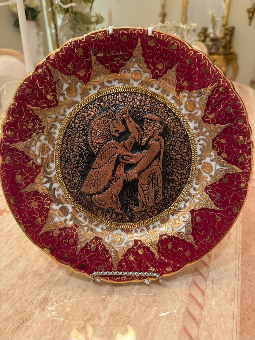 Kashan China Red and Gold Ornate Relief Collector Plate
